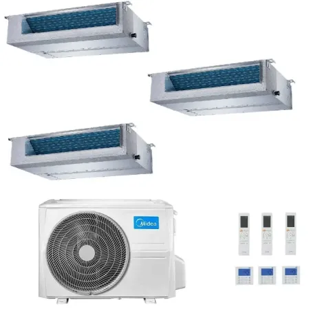 Midea Trio Split 9+9+18 Btu Kanaleinbaugeräte M4OE-28HFN8-Q con 2 unità MTI-09HWFNX(GA) + MTIU-18HWFNX(GA) Klimaanlagen R-32 ...