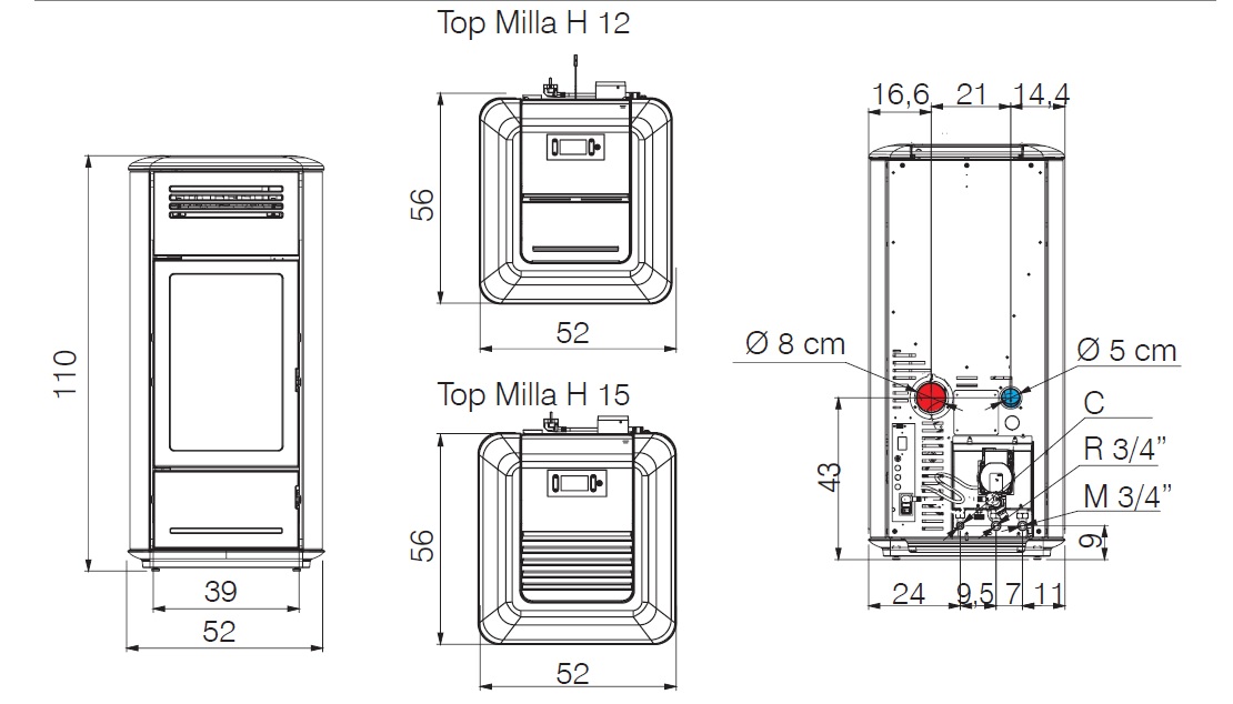 Hydro Pellet Stove Edilkamin 15.3 kW Milla H 15 ceramic Black